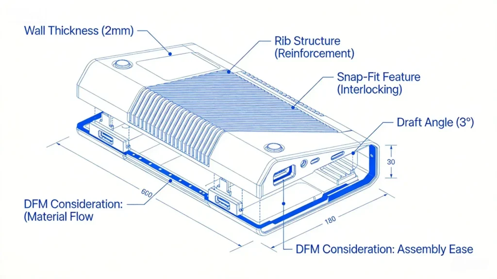 Product shell structural design showing rib reinforcement and snap-fit assembly for consumer electronics