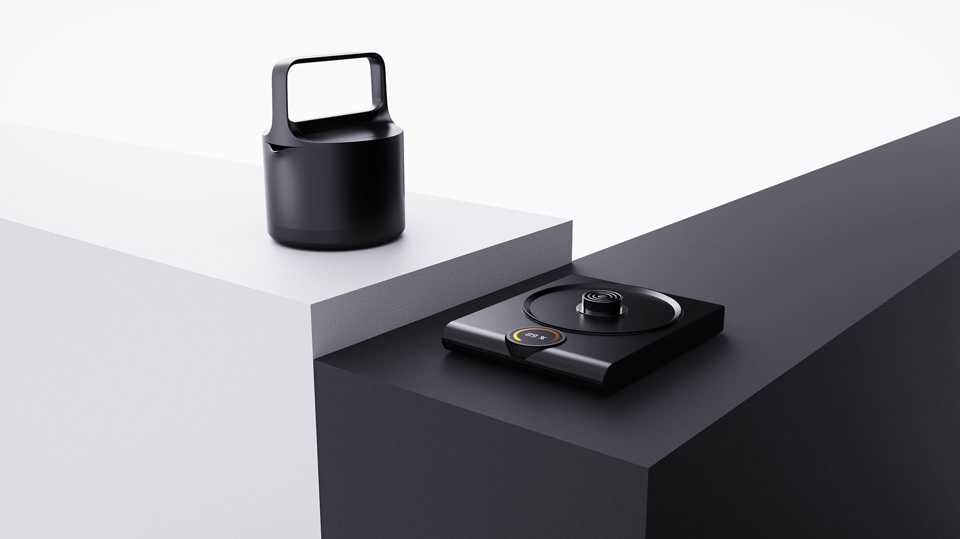 Modern black titanium teapot and induction stove base with digital temperature display