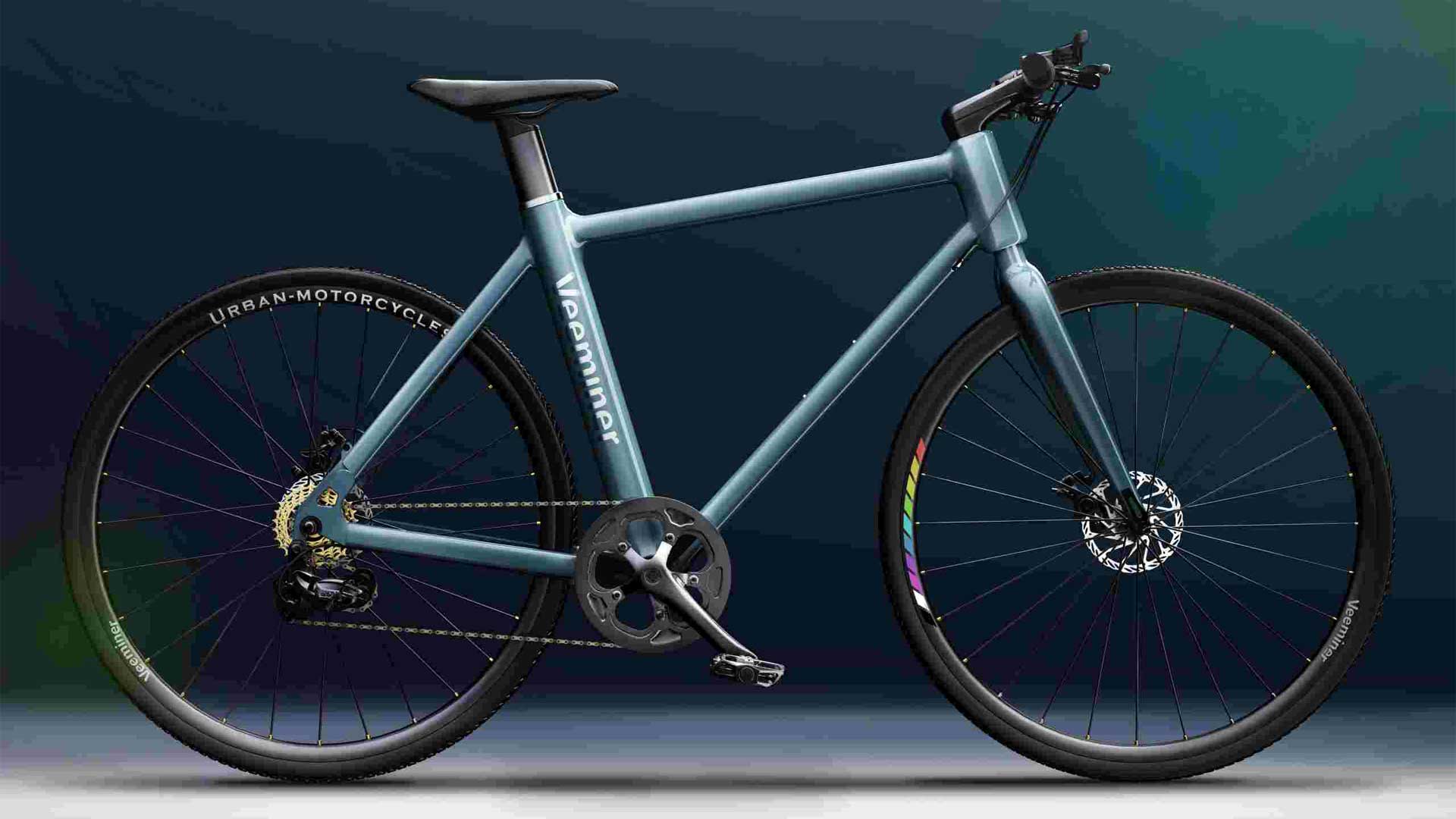 Grey-blue mountain electric bicycle with thick tires and suspension fork