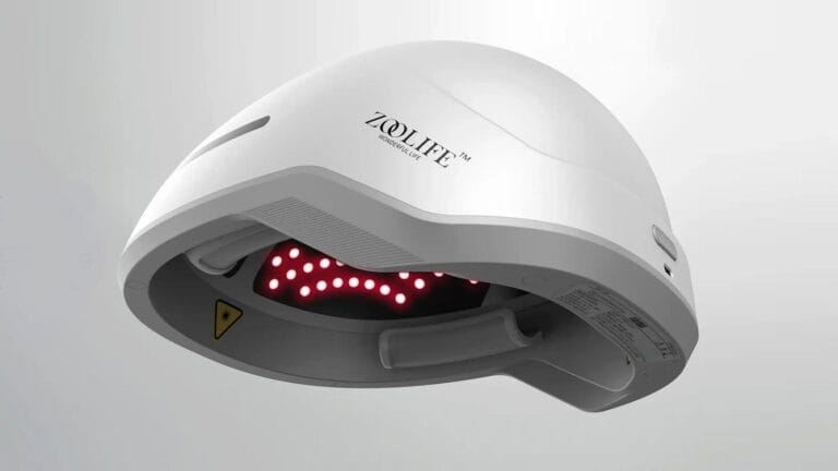 Infrared hair growth helmet development — finished consumer home-use helmet showing the lightweight ergonomic exterior