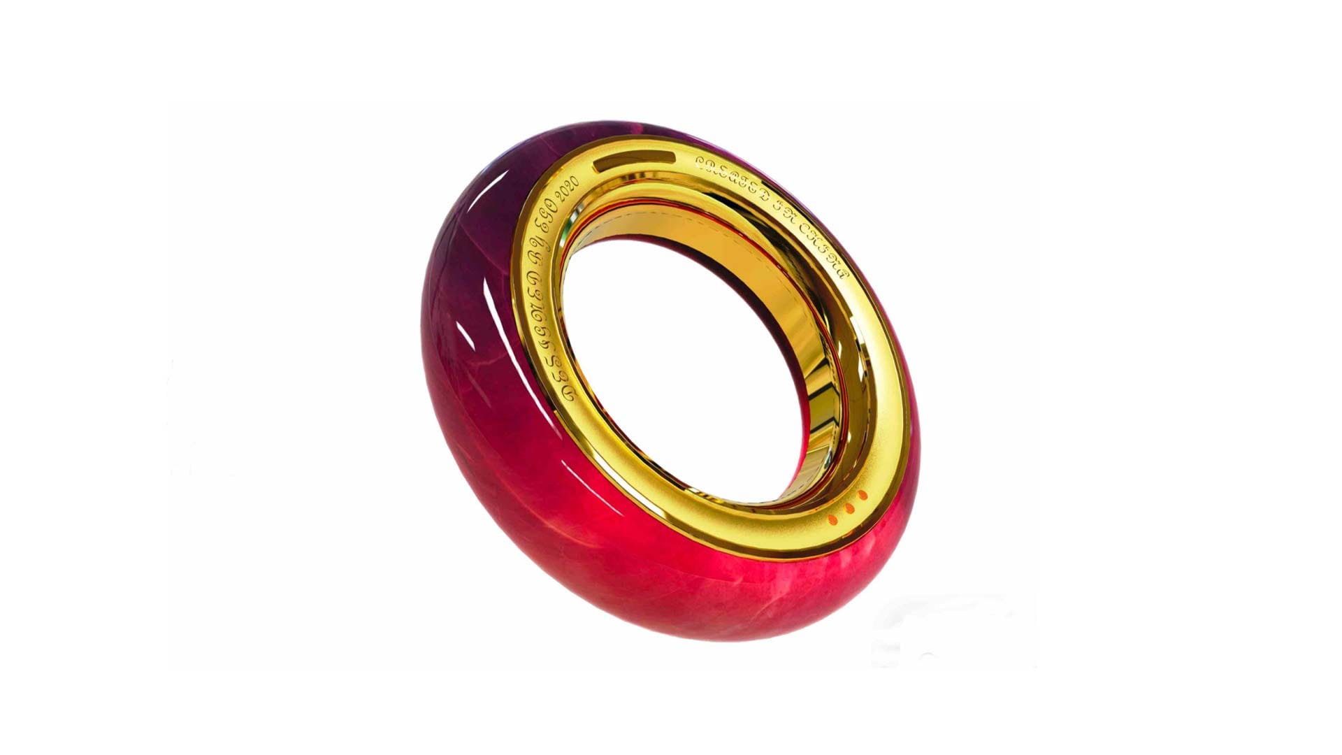 Smart bracelet development — single red bracelet with gold interior ring showing premium color variant