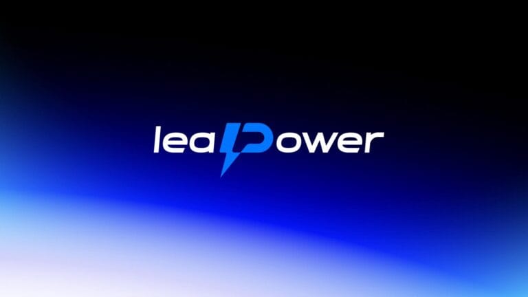 battery brand design — leaPower logo featuring bold typography with deep blue to electric cyan gradient and the letter p as standalone icon