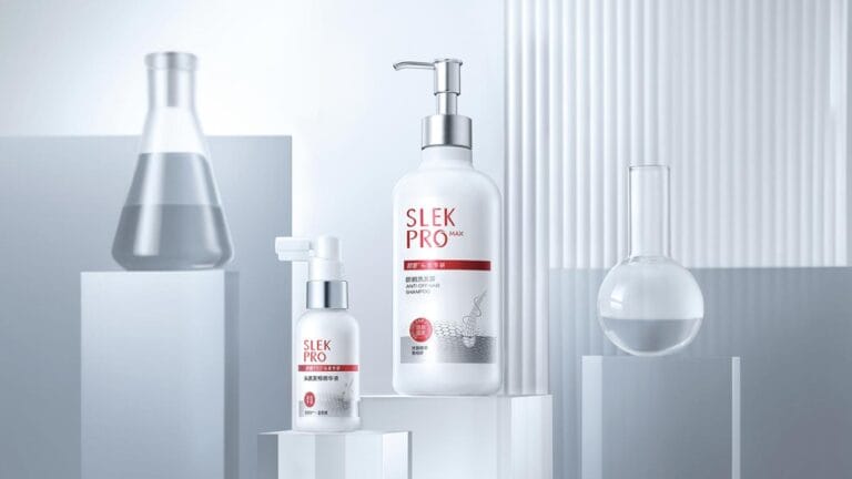 SLEK PRO shampoo bottle with electroplated pump head — industrial design detail