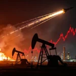 Missile strikes over Middle East skyline at night with oil facility silhouette and surging oil price chart, symbolizing energy crisis caused by Gulf war