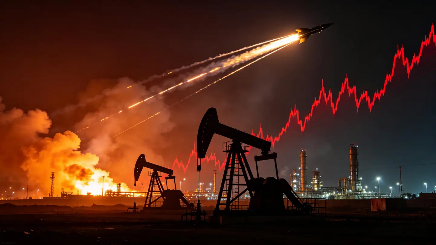 Missile strikes over Middle East skyline at night with oil facility silhouette and surging oil price chart, symbolizing energy crisis caused by Gulf war