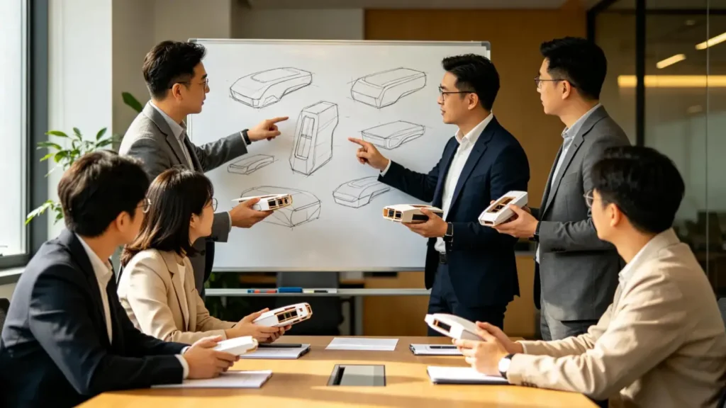 Product design team reviewing a prototype during a development meeting