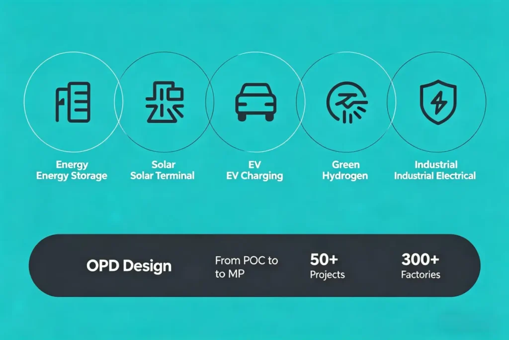 Infographic of five new energy hardware categories: energy storage, solar-powered devices, EV charging, green hydrogen, industrial electrification, with OPD Design brand bar showing end-to-end product development from POC to MP