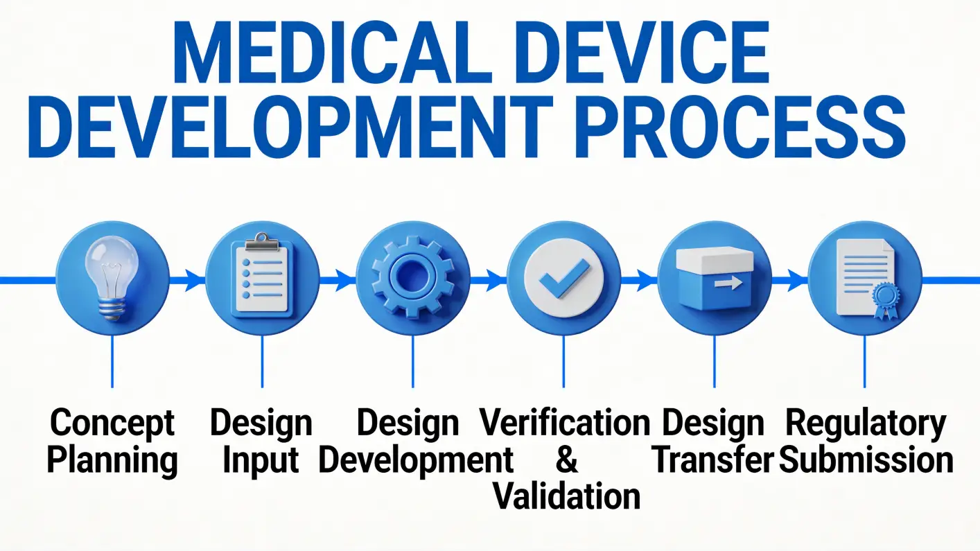 Six-phase medical device development process from concept to regulatory submission and launch