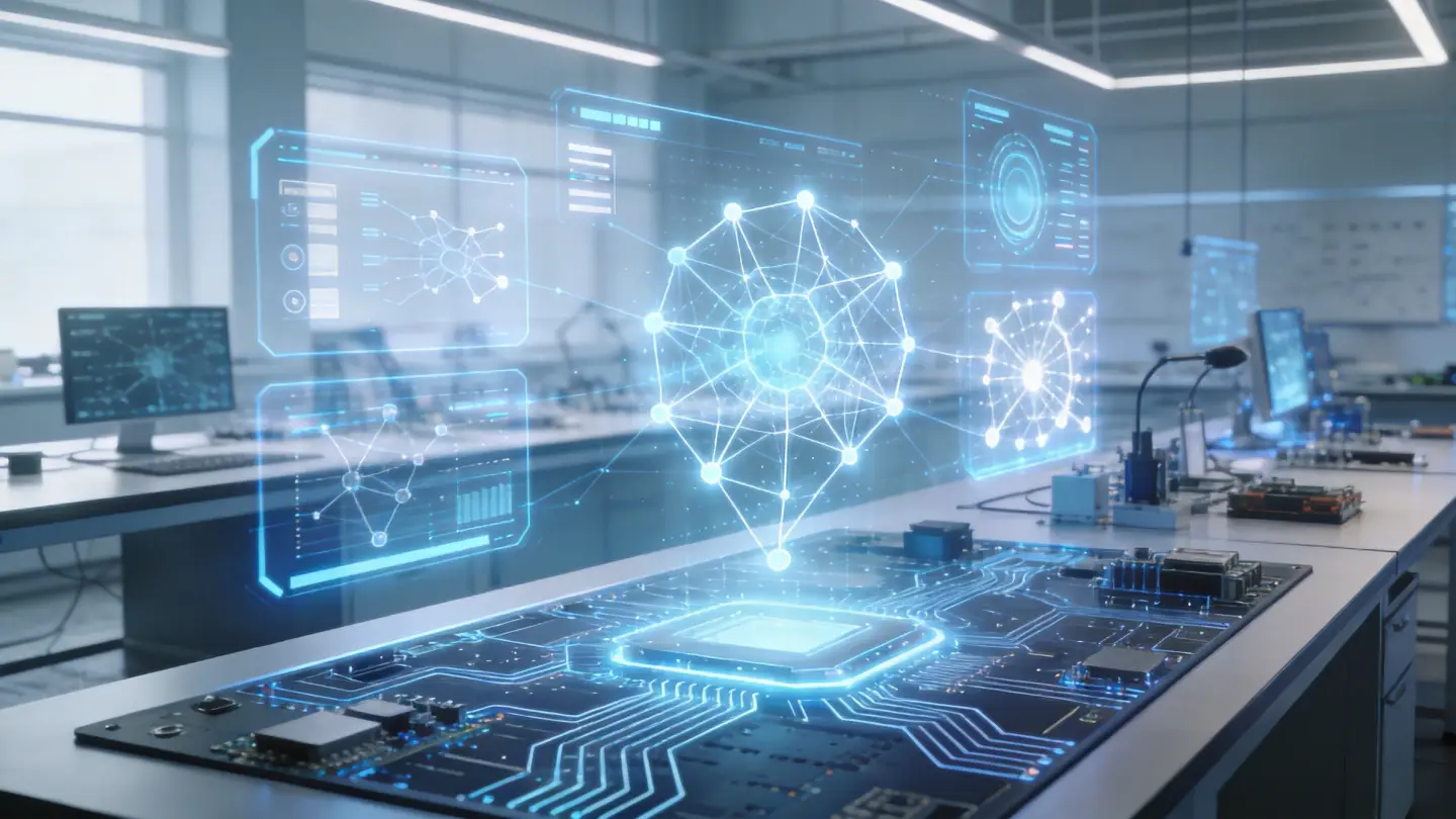 OPD DESIGN | How AI Is Transforming Hardware Product Development: A Founder’s Guide to the New Development Paradigm AI-powered hardware development workspace, holographic neural network design interface, circuit board _1.jpg PCB设计