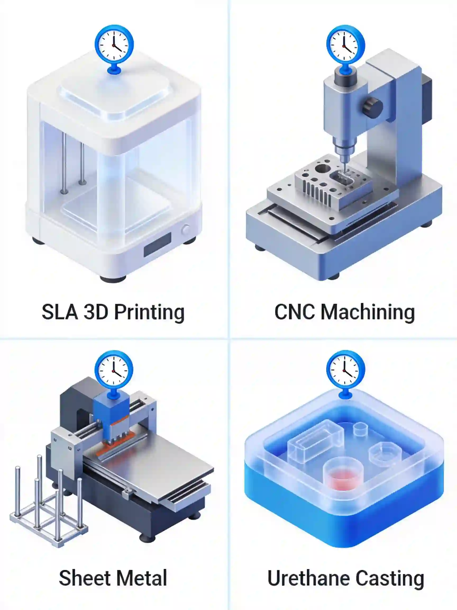 Rapid prototyping methods comparison: SLA 3D printing, CNC machining, sheet metal, and urethane casting