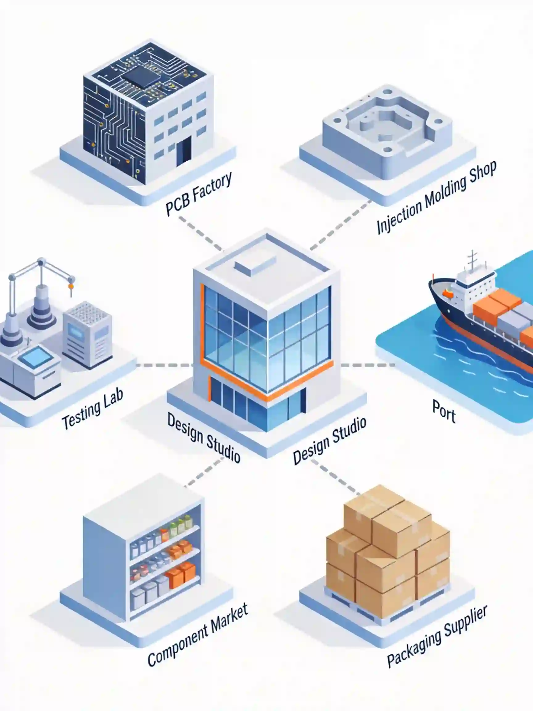 Shenzhen hardware ecosystem showing design studio, PCB factory, molding shop, and port in close proximity