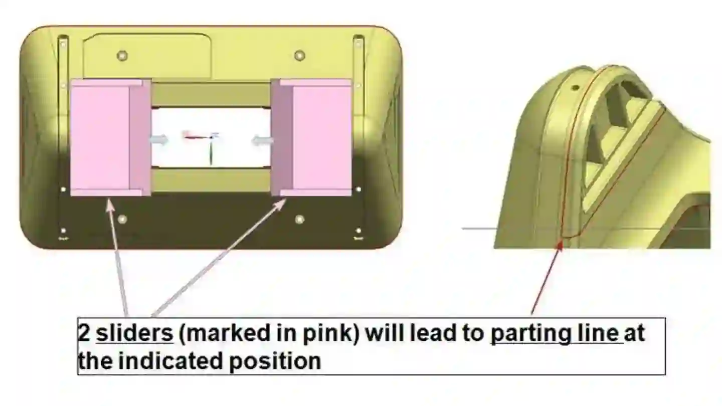 Mold Slider and Parting Line Analysis - 2 sliders marked in pink will lead to parting line at indicated position