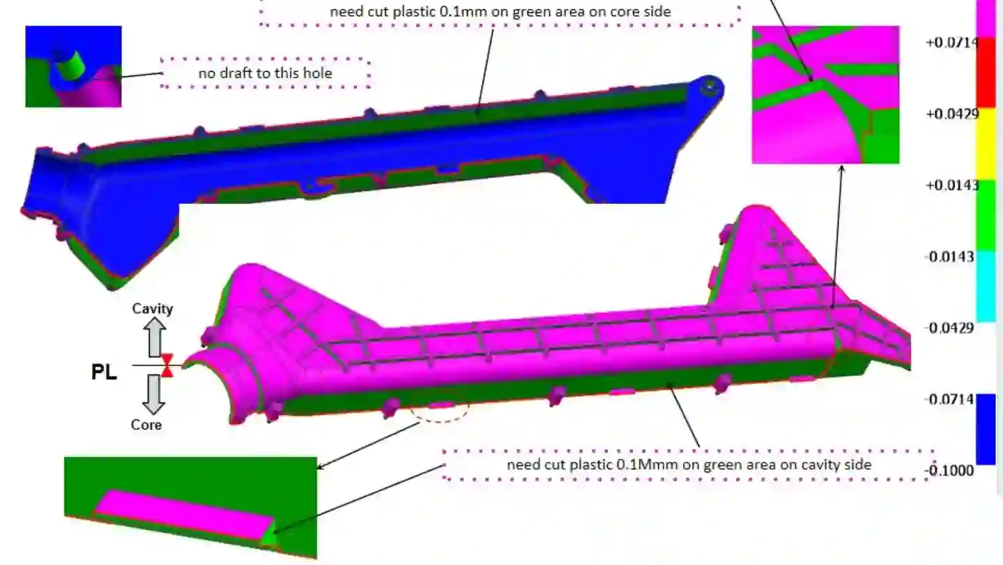 DFM Cover - Mold Draft Angle Analysis - Cavity/Core parting with draft angle requirements, including tolerance analysis showing dimensional deviations