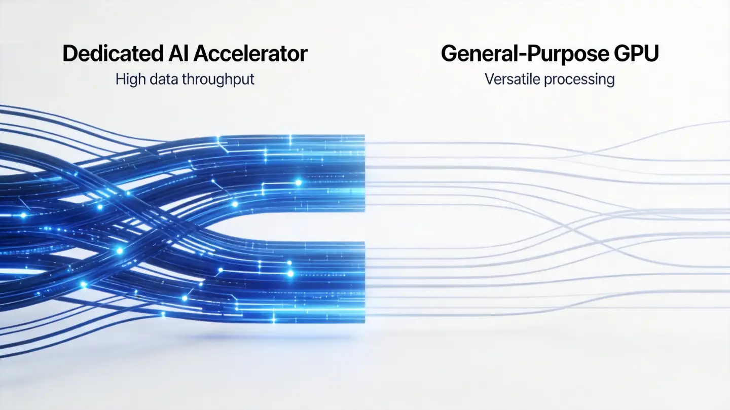 Comparison of dedicated AI accelerator vs general-purpose GPU showing data flow density and processing efficiency, infographic style with blue accents on white background