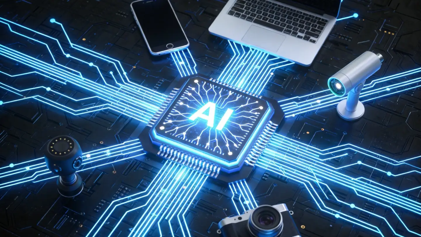 Edge AI chip architecture with neural network connections linking to IoT devices including smartphone, laptop, camera and sensor, dark circuit board background with blue glowing circuits