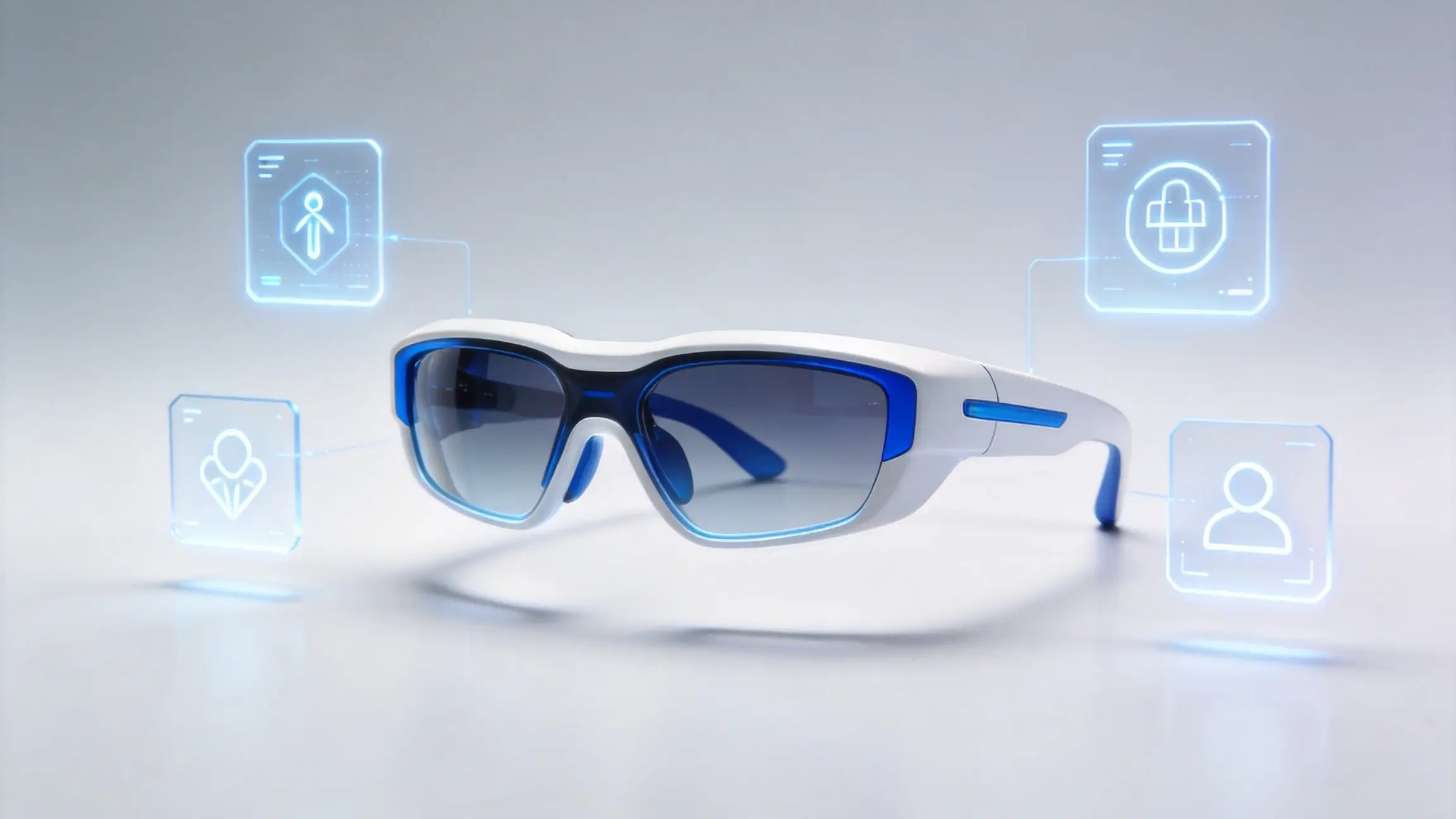 Futuristic AI smart glasses with white and blue frame, surrounded by floating holographic interface panels showing navigation, health and communication icons