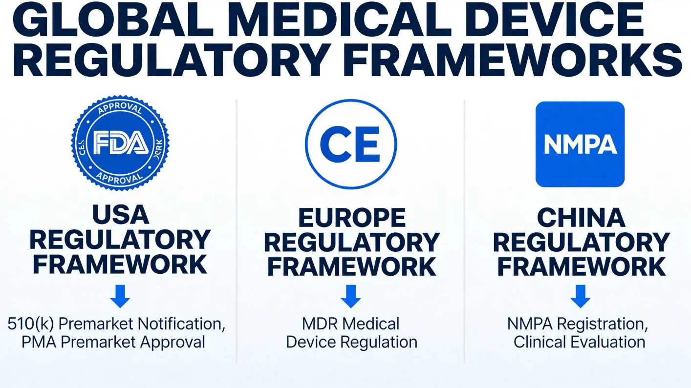 Regulatory frameworks for medical device design: FDA 510(k), CE MDR, and NMPA registration pathways compared
