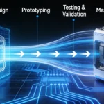 NPI product development journey from concept blueprint to finished product, dark circuit background with blue flowing light npi-stages.jpg