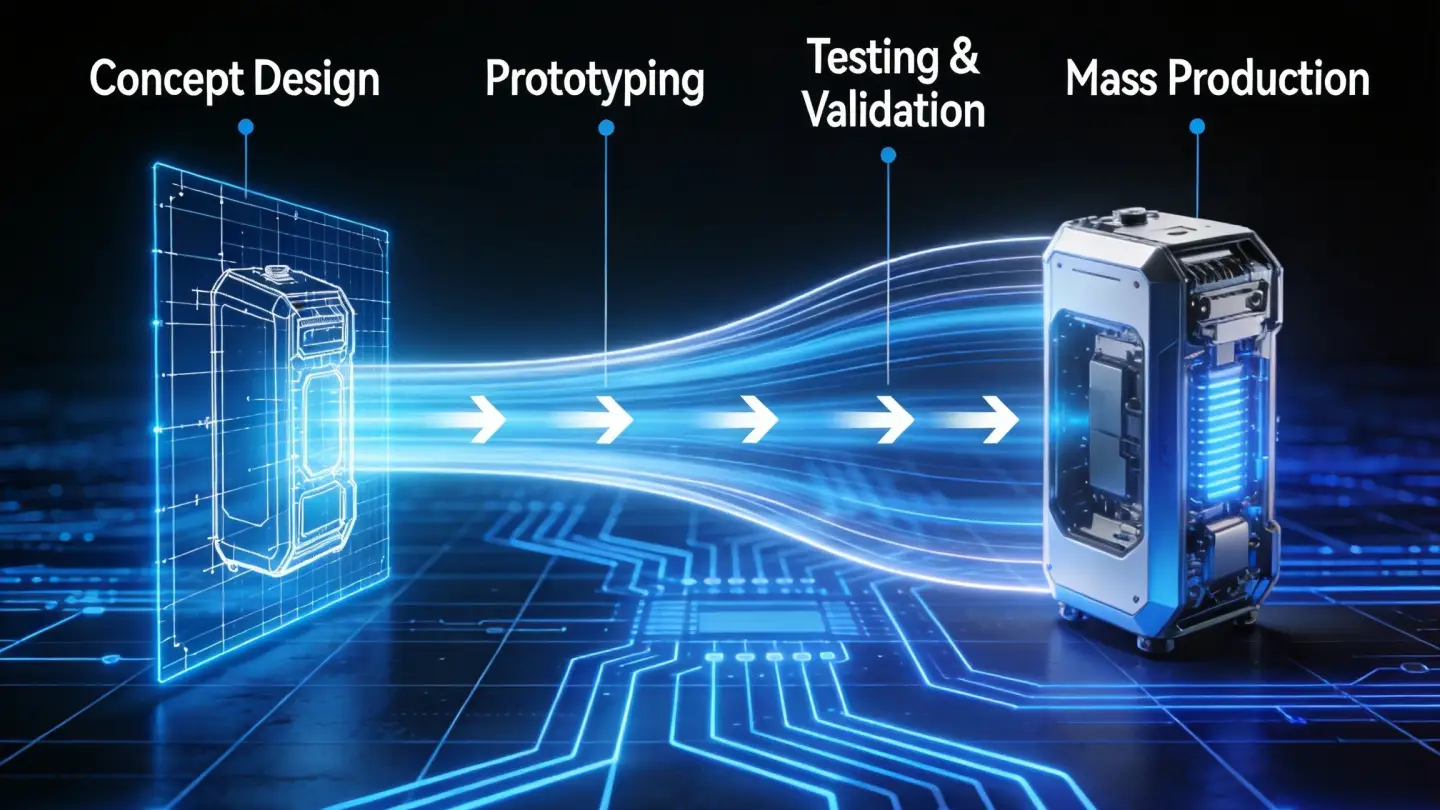 NPI product development journey from concept blueprint to finished product, dark circuit background with blue flowing light npi-stages.jpg