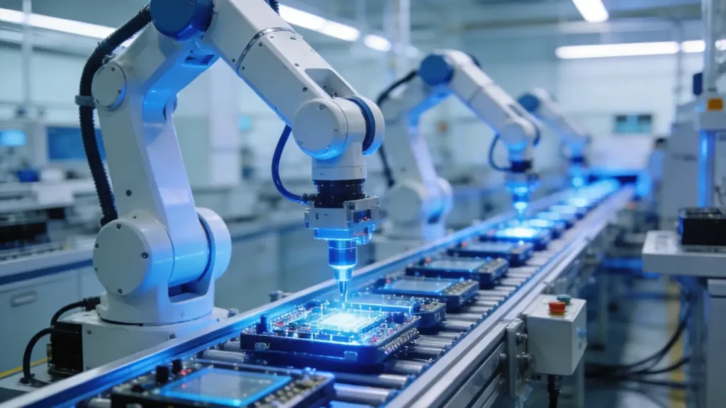 Modern automated factory production line with robotic arms assembling electronic products, clean room with blue lighting