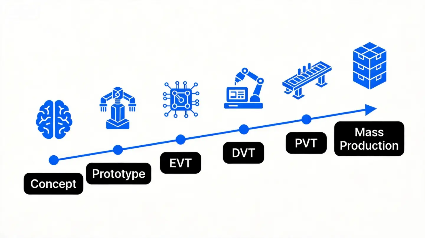 Six-stage hardware NPI timeline from concept sketch through prototype testing validation to mass production, infographic style
