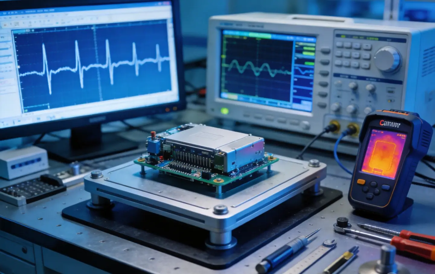 Product testing laboratory with oscilloscope and thermal camera for hardware validation, professional engineering environment