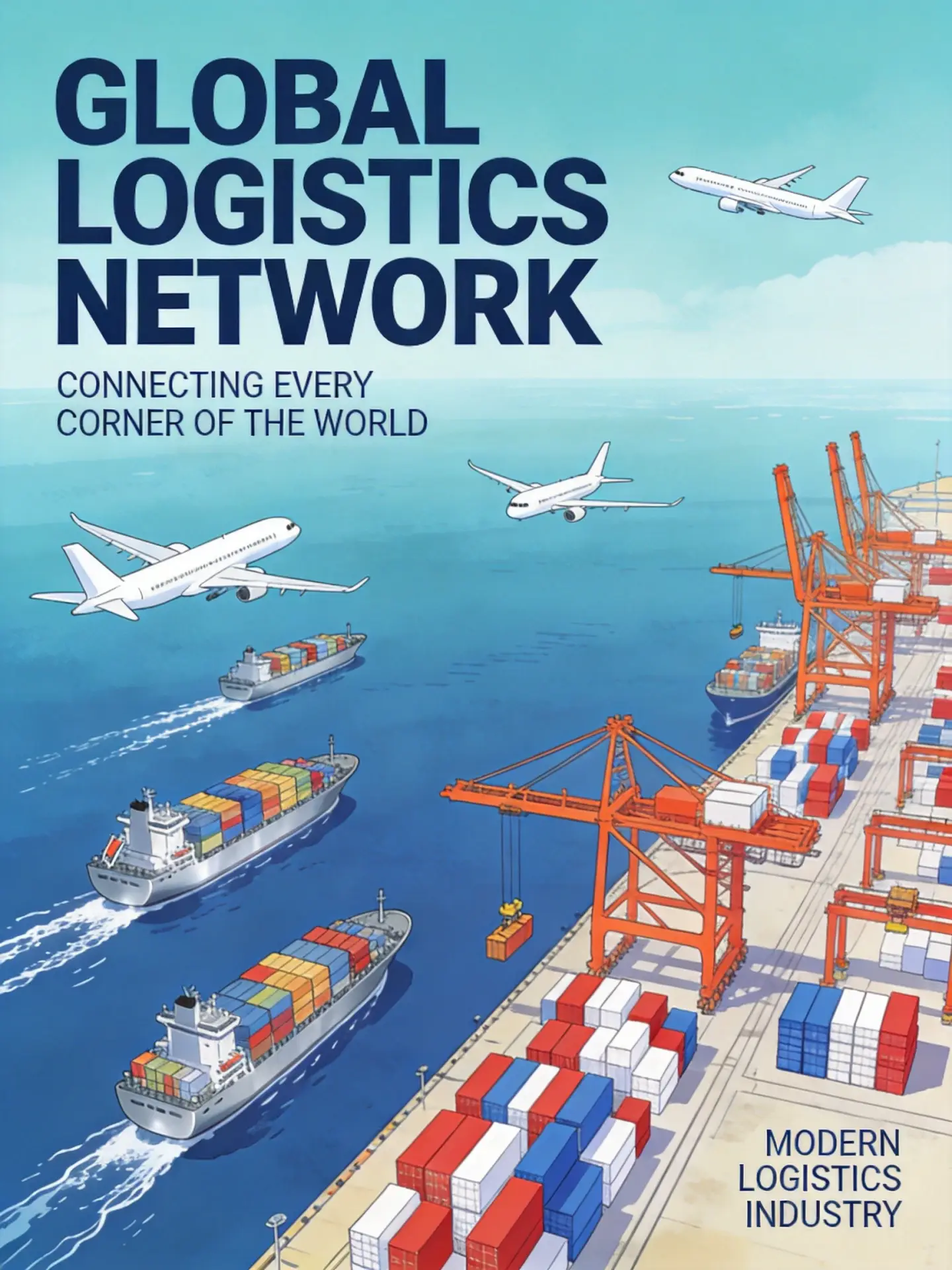 Global logistics and shipping: cargo ships at port, container cranes loading freight, global trade route visualization