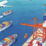 Supply chain network overview: Shenzhen/Asia factory connected to US and EU distribution centers with quality checkpoints and shipping routes