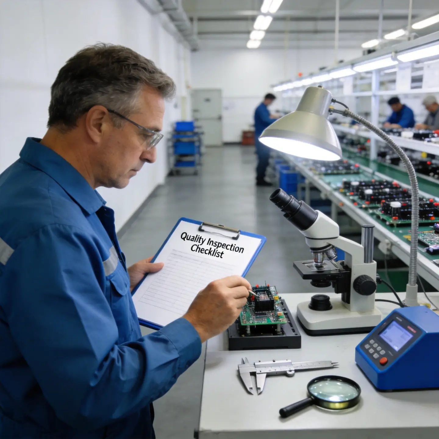 Factory quality control inspection: engineer examining electronic circuit board with microscope and checklist in clean production facility