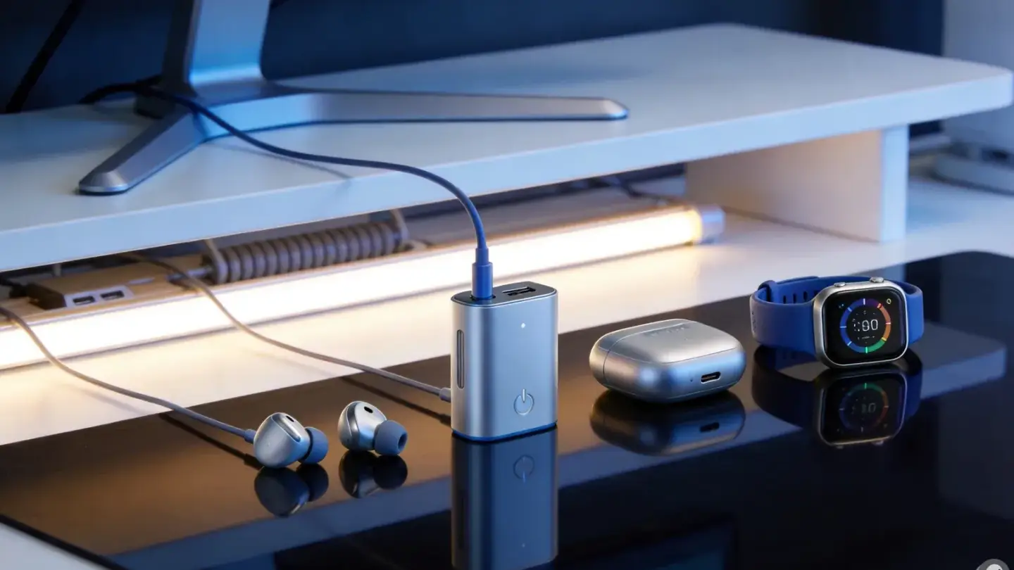 Consumer electronics design workspace with modular smart home devices and health monitoring gadgets representing modern smart hardware design trends