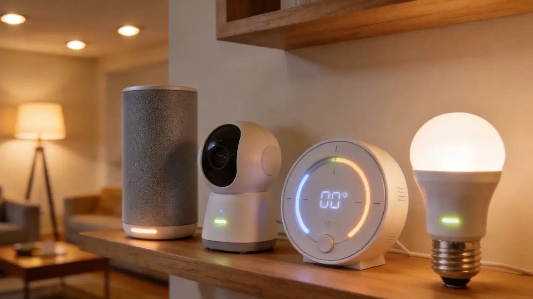 Smart home ecosystem with interconnected devices including smart speaker security camera and thermostat representing consumer electronics ecosystem design