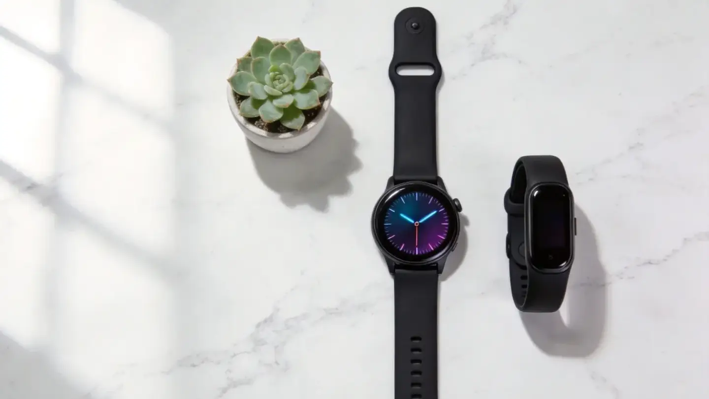 Smartwatch and fitness tracker displaying health metrics including heart rate blood oxygen and sleep analysis representing wearable technology design