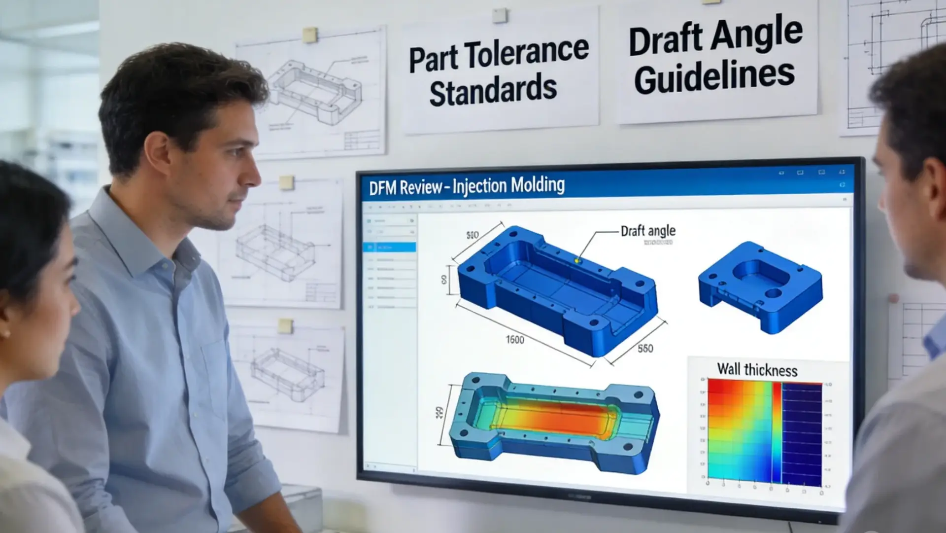 OPD DESIGN | DFM Best Practices: A Hardware Founder's Guide to Design for Manufacturing in China DFM engineering review process showing a product design team analyzing injection molded parts with tolerance callouts, draft angle measurements, and wall thickness analysis on a digital dashboard
