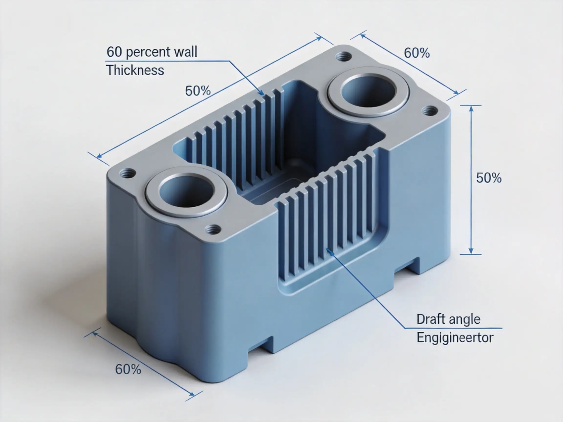 Proper rib and boss design in injection molding showing correct thickness ratios draft angles and fillet radii for plastic parts