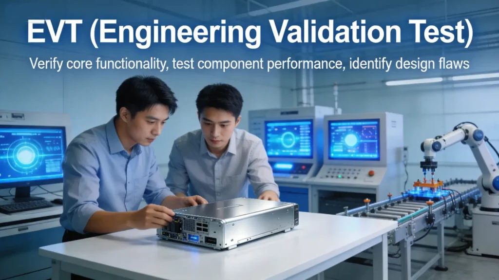 EVT DVT PVT product development stages showing engineering, design, and production validation phases with hardware prototypes