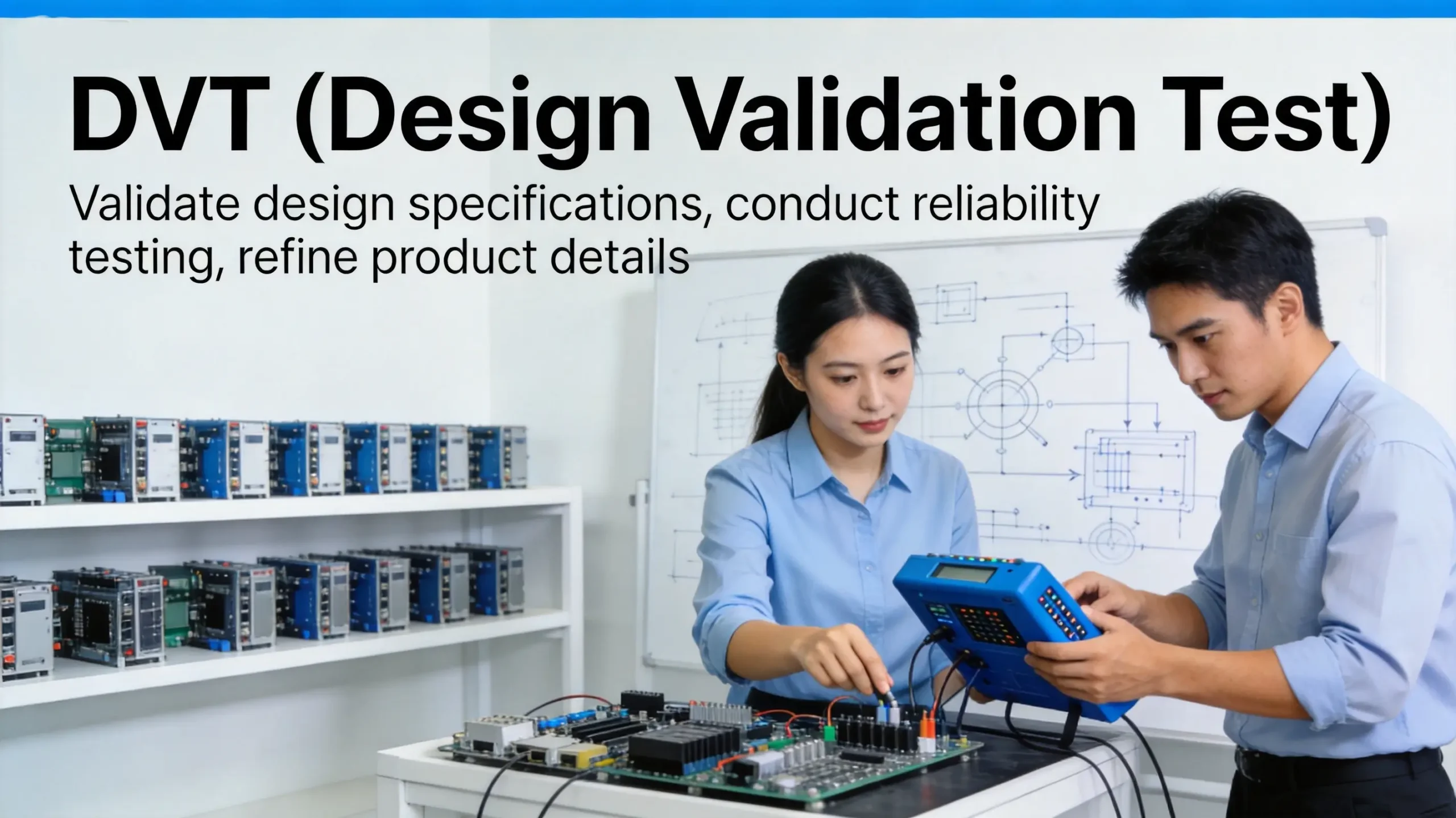 OPD DESIGN | EVT DVT PVT Explained: The 3 Product Validation Stages Every Hardware Founder Must Master EVT Engineering Validation Test phase - hardware engineers examining prototype PCB assemblies and testing component functionality in a modern