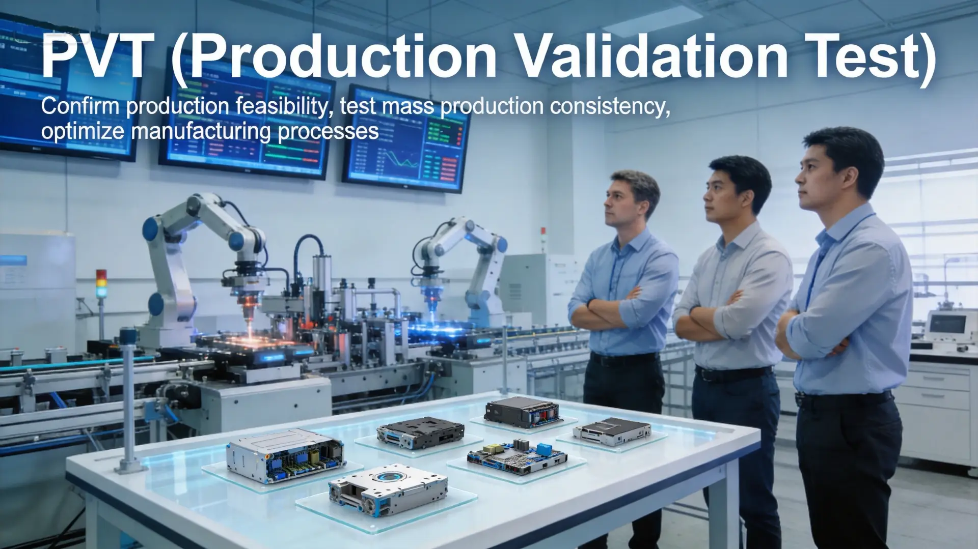 OPD DESIGN | EVT DVT PVT Explained: The 3 Product Validation Stages Every Hardware Founder Must Master DVT Design Validation Test phase - engineers conducting reliability testing and validating design specifications with measurement instruments and circuit analysis equipment