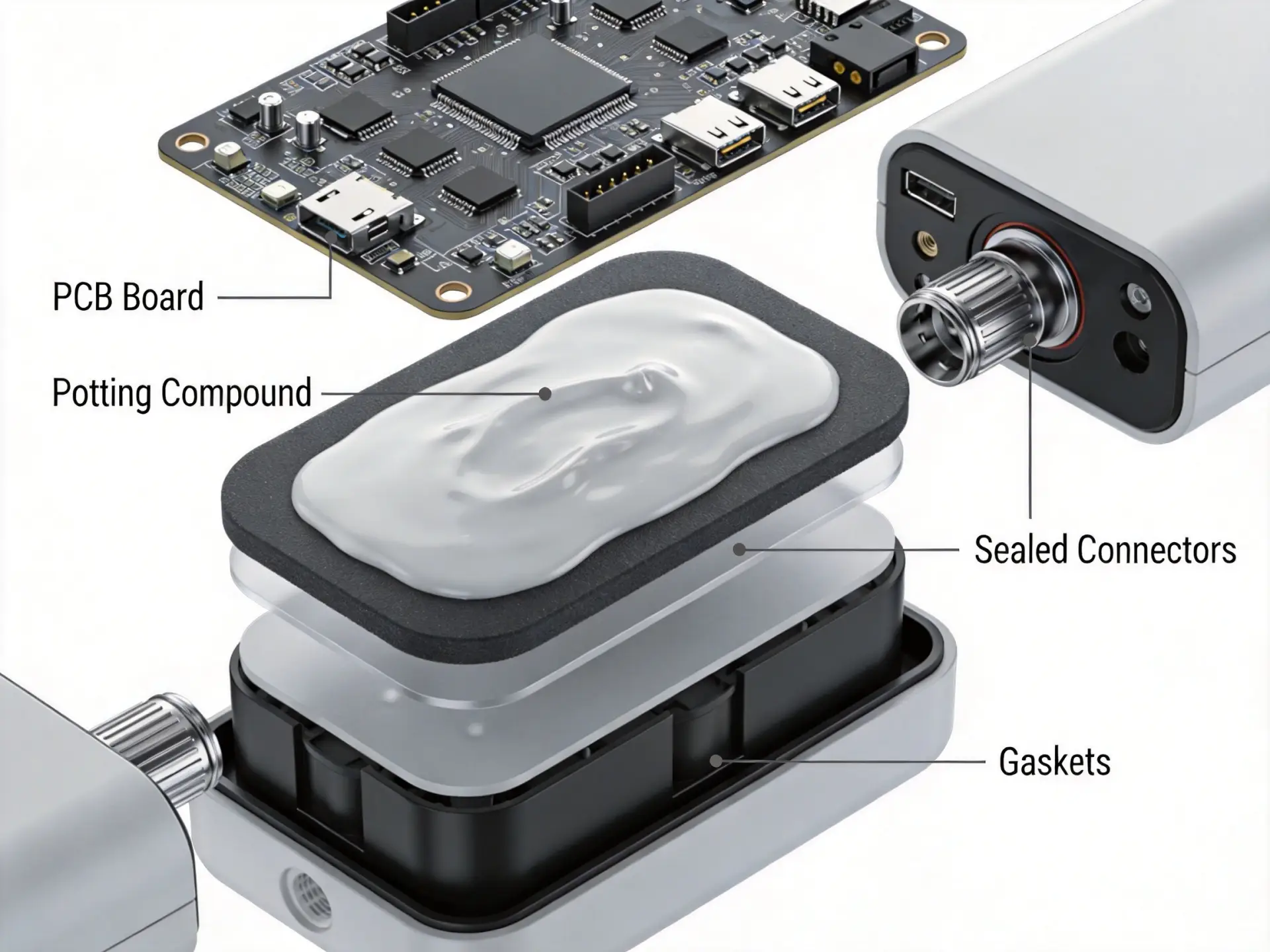 OPD DESIGN | Waterproof Product Design: IP Rating Guide for Hardware Founders Exploded cutaway view of waterproof electronic product showing PCB potting compound sealed connectors and gaskets