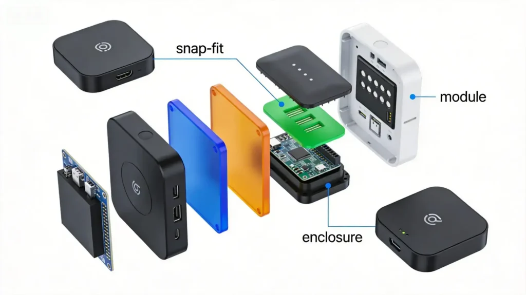 Design for Assembly concept showing modular hardware product with clearly organized components ready for assembly