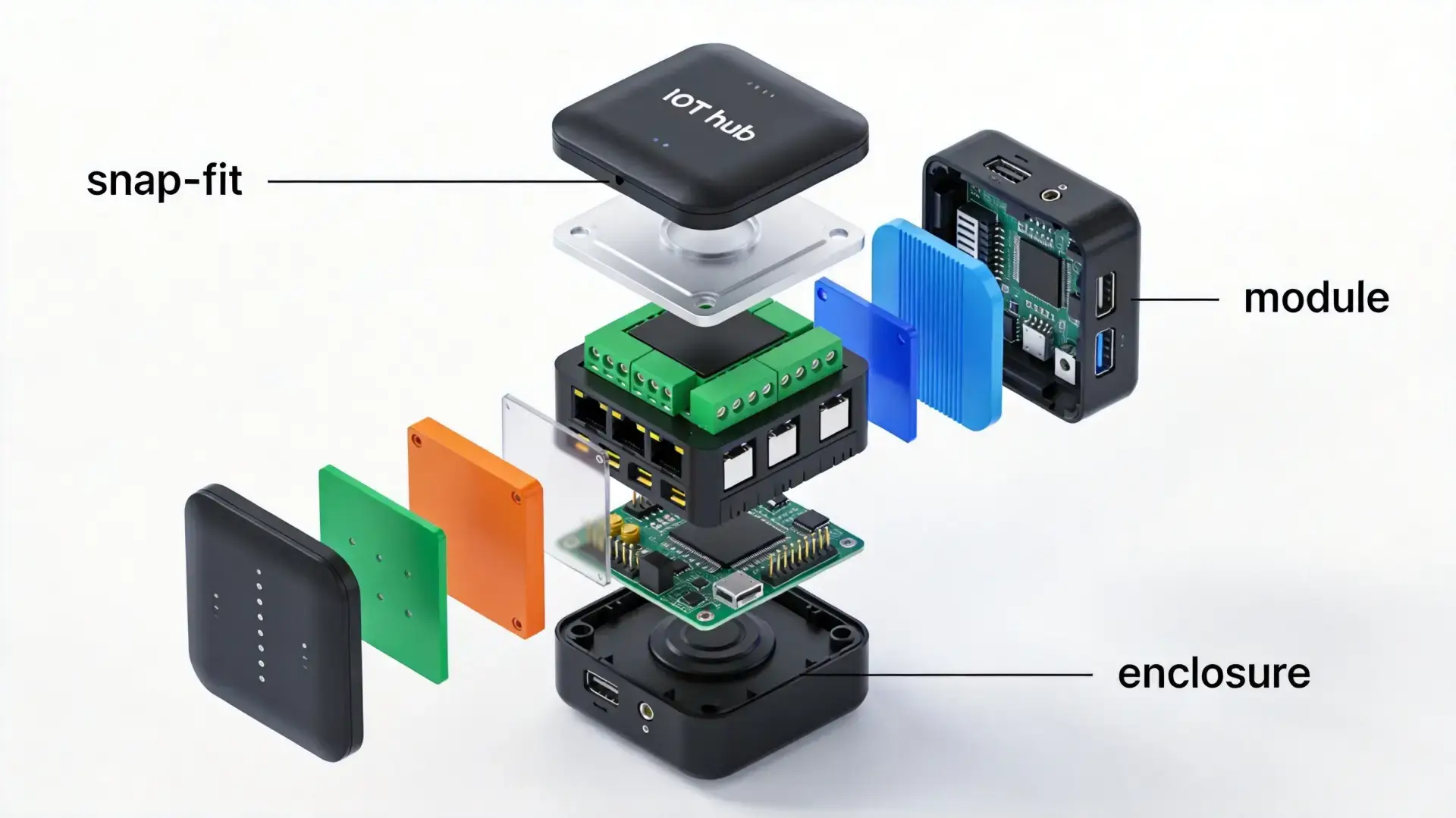 OPD DESIGN | Design for Assembly: How to Build Hardware Products That Manufacture Easily Design for Assembly principles illustration showing an exploded-view product with modular, self-aligning components