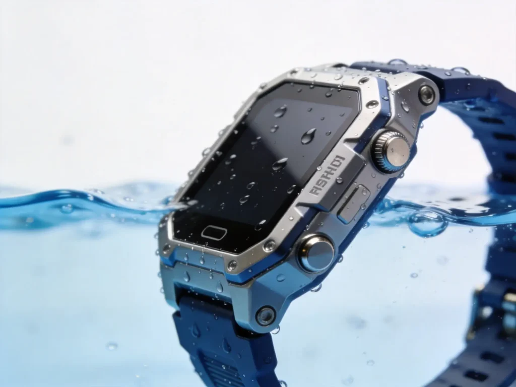 Waterproof smartwatch product design with water droplets on surface demonstrating IP rating protection for consumer electronics