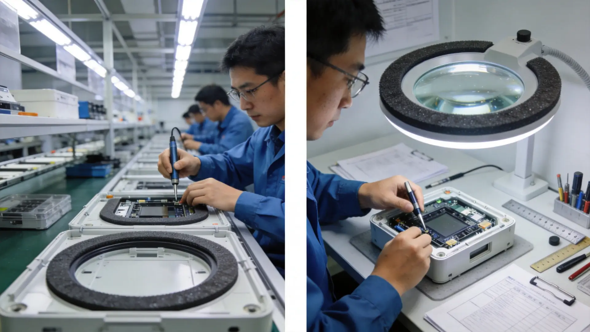 OPD DESIGN | Waterproof Product Design: IP Rating Guide for Hardware Founders Manufacturing assembly line showing precision installation of gaskets and sealing components in electronic product enclosures with quality inspection