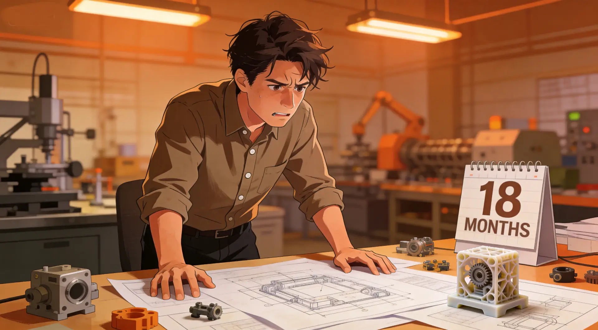 OPD DESIGN | Hardware Startup Trap: Why 18 Months Is the Make-or-Break Deadline for Hardware Founders Hardware startup founder looking at blueprints...