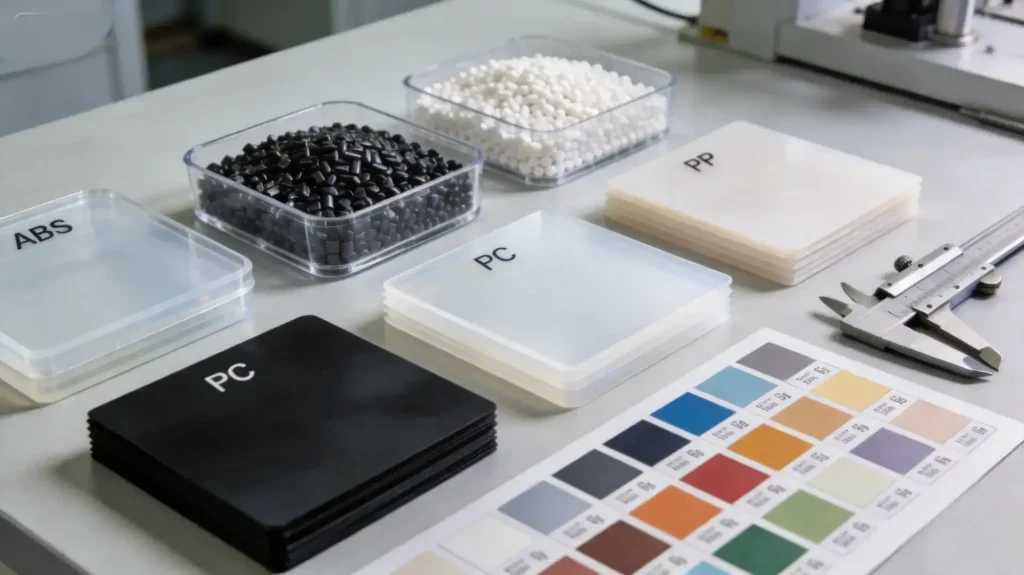 ABS PC PP plastic pellets and material samples in professional product design workshop