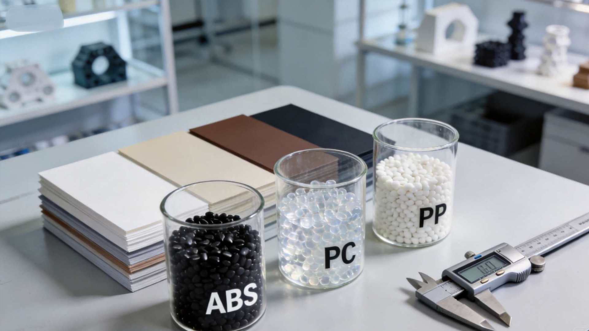 OPD DESIGN | Material Selection for Product Design: A Hardware Founder's Complete Guide ABS PC PP plastic pellets and material samples in professional product design workshop