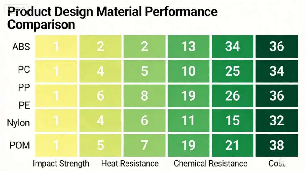 OPD DESIGN | Material Selection for Product Design: A Hardware Founder's Complete Guide Material selection comparison chart showing plastic families and properties
