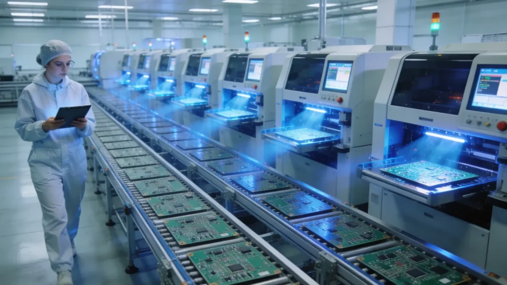 OPD DESIGN | PCB Design Guide for Hardware Founders: From Schematic to Mass Production PCB manufacturing quality control showing automated optical inspection and X-ray testing of circuit board assemblies