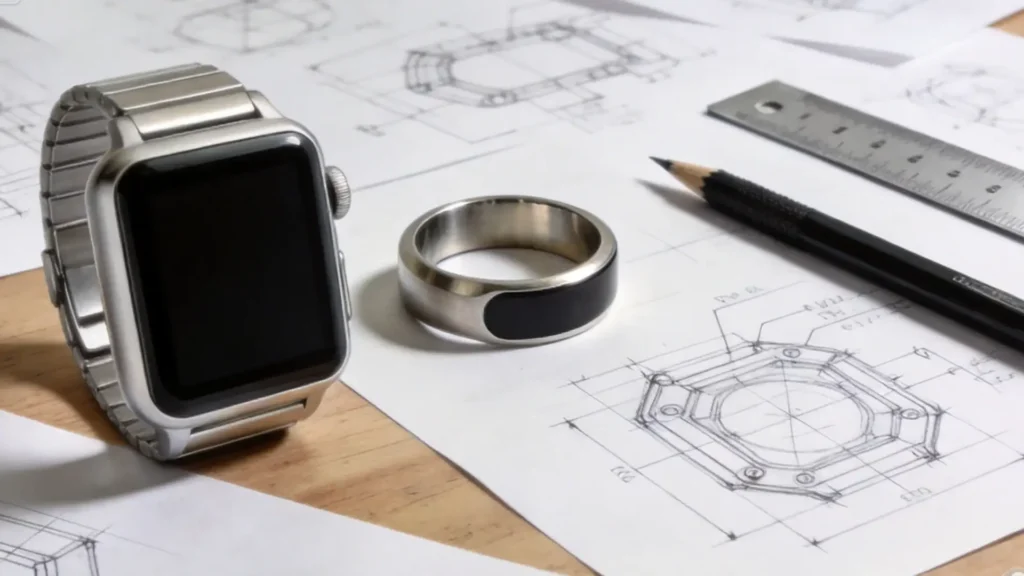 Wearable device concept design showing smartwatch and smart ring prototypes on a designer desk with technical sketches