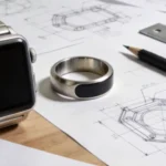 Wearable device concept design showing smartwatch and smart ring prototypes on a designer desk with technical sketches