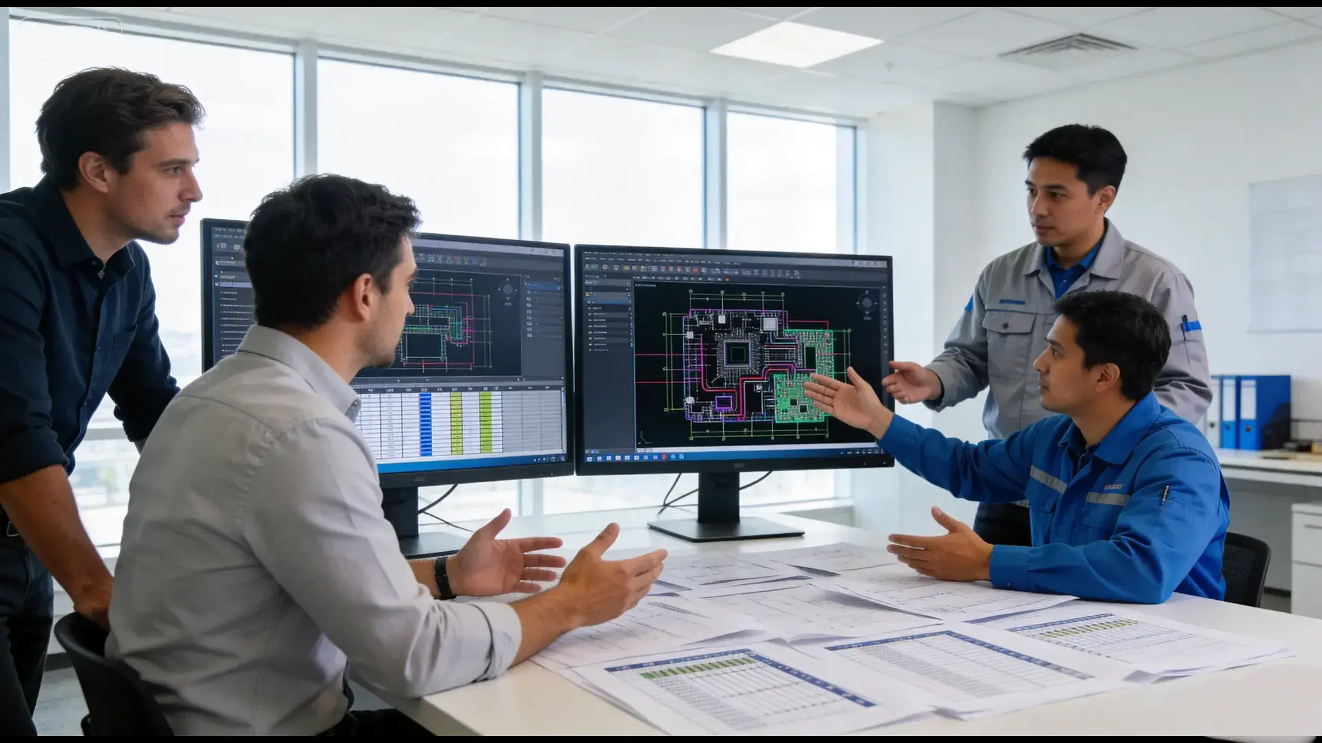 OPD DESIGN | Contract Manufacturing for Hardware Development: A Founder's Guide to Design-to-Production Engineering team reviewing product design files and BOM with contract manufacturing partner in a modern conference room